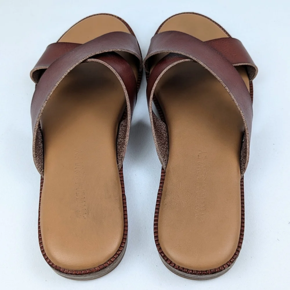 Cynthia Rowley Libra Sandals Wide Strap Criss Cross Vegan Boho Rustic Cognac 6.5